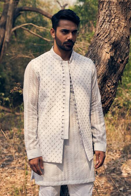 Kaaj Button Blue Chanderi Silk, Cotton Satin Embroidery French Knot Kurta Bandi Set at Aza Fashions Kaaj Button_Blue Chanderi Silk, Cotton Satin Embroidery French Knot Kurta Bandi Set _at_Aza_Fashions