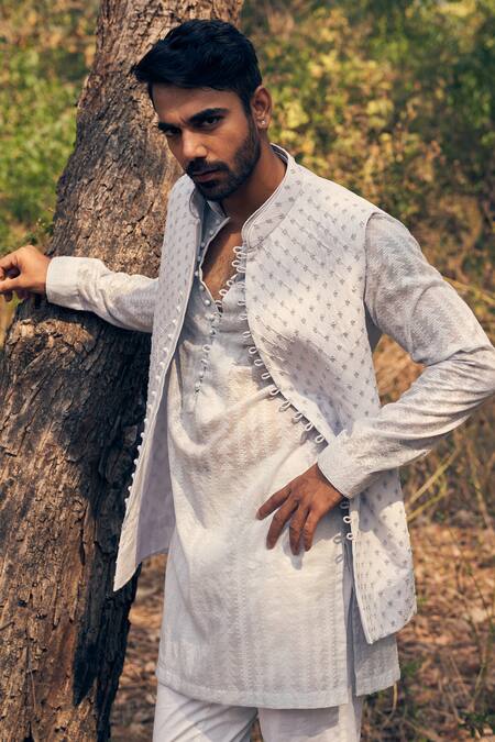 Buy Kaaj Button Blue Chanderi Silk, Cotton Satin Embroidery French Knot Kurta Bandi Set Buy_Kaaj Button_Blue Chanderi Silk, Cotton Satin Embroidery French Knot Kurta Bandi Set