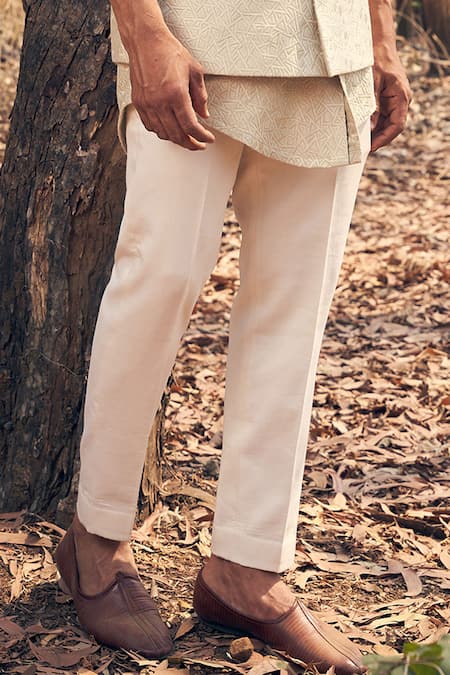 Kaaj Button_Beige Chanderi Silk, Cotton Satin Embroidery Nehru Jacket Set _Online_at_Aza_Fashions
