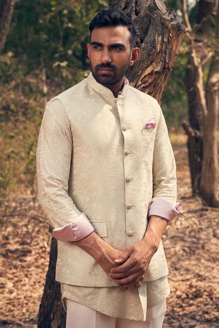 Buy_Kaaj Button_Beige Chanderi Silk, Cotton Satin Embroidery Nehru Jacket Set _Online_at_Aza_Fashions