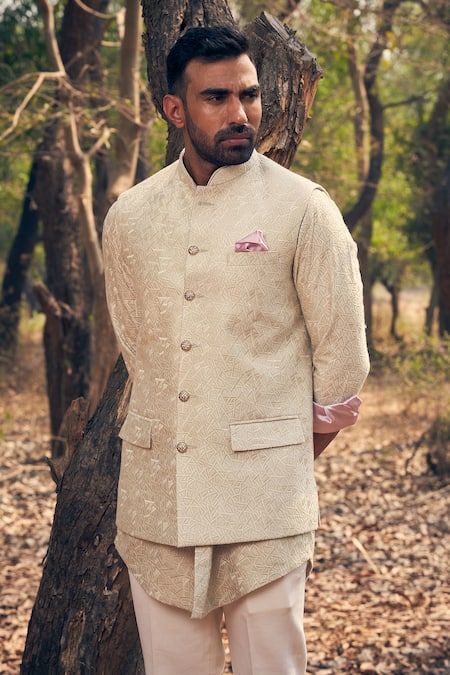 Shop_Kaaj Button_Beige Chanderi Silk, Cotton Satin Embroidery Nehru Jacket Set _Online_at_Aza_Fashions