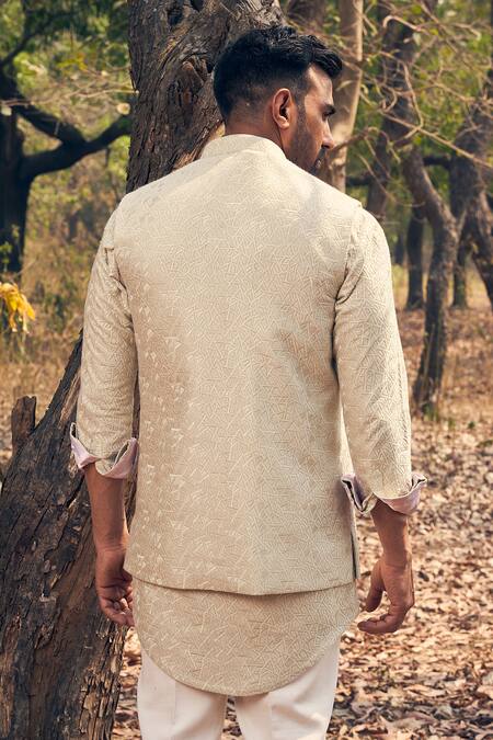 Shop_Kaaj Button_Beige Chanderi Silk, Cotton Satin Embroidery Nehru Jacket Set _at_Aza_Fashions