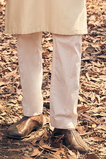 Kaaj Button_Beige Chanderi Silk, Cotton Embroidery Foliage Kurta Set _Online_at_Aza_Fashions