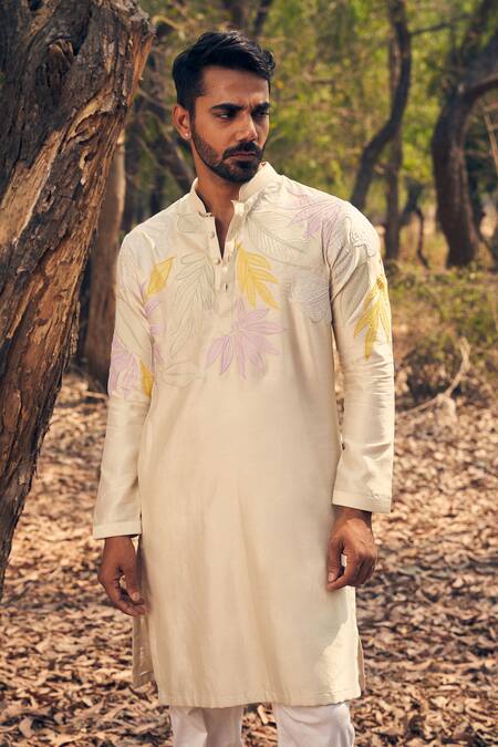 Buy_Kaaj Button_Beige Chanderi Silk, Cotton Embroidery Foliage Kurta Set _Online_at_Aza_Fashions