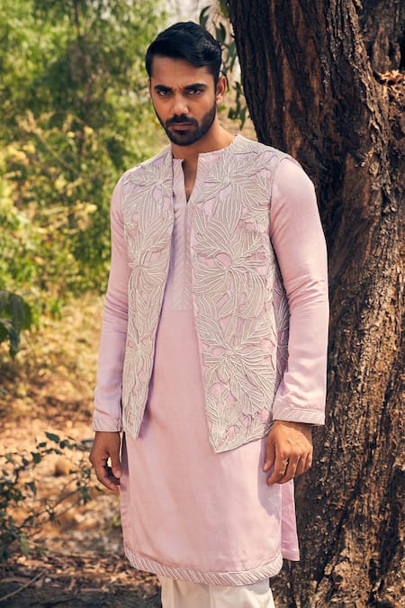 Buy_Kaaj Button_Purple Chanderi Silk, Cotton Embroidery Cutwork Kurta Bandi Set _Online_at_Aza_Fashions