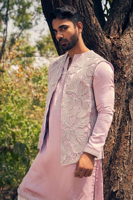 Shop_Kaaj Button_Purple Chanderi Silk, Cotton Embroidery Cutwork Kurta Bandi Set _Online_at_Aza_Fashions
