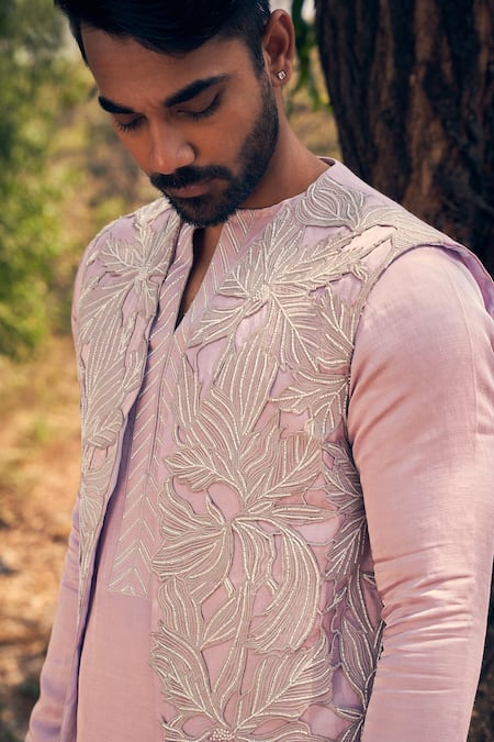 Kaaj Button_Purple Chanderi Silk, Cotton Embroidery Cutwork Kurta Bandi Set _at_Aza_Fashions