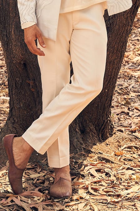 Kaaj Button_Cream Satin, Cotton Embroidery Waves Jacket Set _Online_at_Aza_Fashions