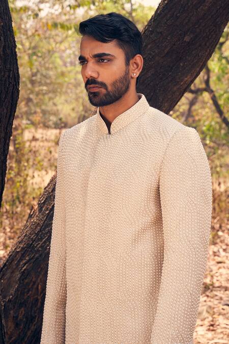 Buy Kaaj Button Beige Silk, Cotton Satin Art Deco Sherwani Set Online at Aza Fashions Buy_Kaaj Button_Beige Silk, Cotton Satin Art Deco Sherwani Set _Online_at_Aza_Fashions