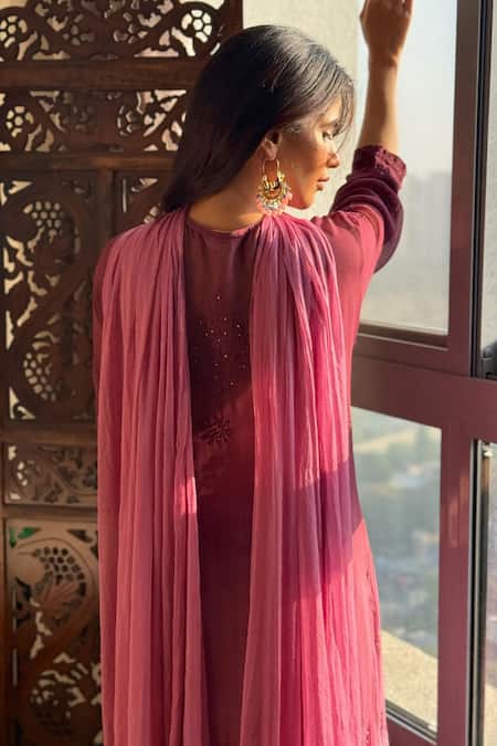 Shop_Label Aishwaryrika_Mauve Georgette Embroidery Round Neck Chikankari Kurta Set With Palazzo _at_Aza_Fashions