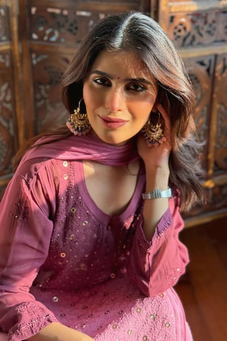 Label Aishwaryrika_Mauve Georgette Embroidery Round Neck Chikankari Kurta Set With Palazzo _Online_at_Aza_Fashions