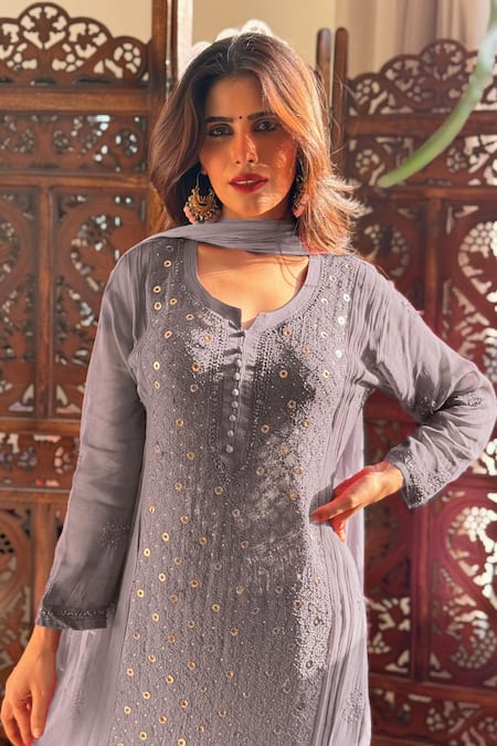 Shop_Label Aishwaryrika_Gray Georgette Embroidery Round , Keyhole Chikankari Kurta Set _at_Aza_Fashions