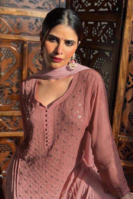Label Aishwaryrika_Pink Georgette Sequins, Embroidery Round Neck Chikankari Kurta Set _Online_at_Aza_Fashions