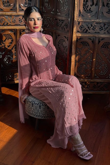 Shop_Label Aishwaryrika_Pink Georgette Sequins, Embroidery Round Neck Chikankari Kurta Set _at_Aza_Fashions