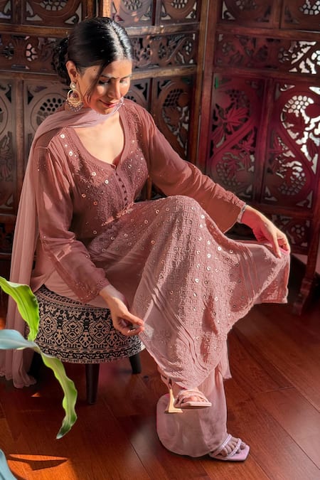 Buy_Label Aishwaryrika_Pink Georgette Sequins, Embroidery Round Neck Chikankari Kurta Set _Online_at_Aza_Fashions