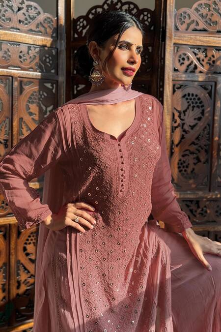 Shop_Label Aishwaryrika_Pink Georgette Sequins, Embroidery Round Neck Chikankari Kurta Set _Online_at_Aza_Fashions