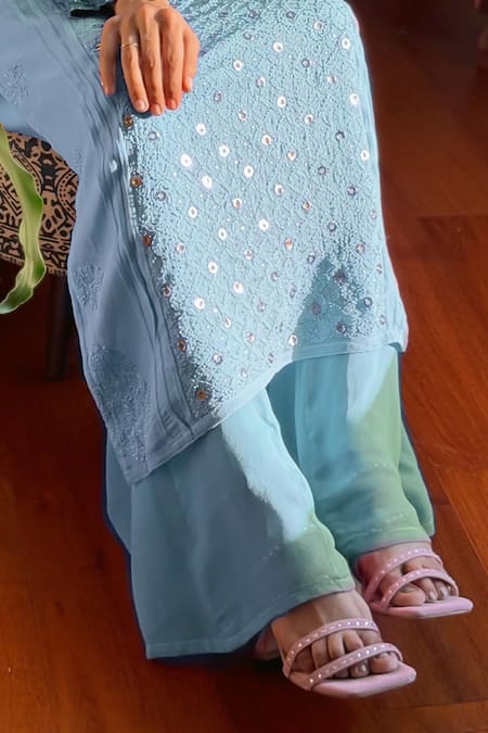 Label Aishwaryrika_Blue Georgette Sequins, Embroidery Round Neck Chikankari Kurta Set _Online_at_Aza_Fashions