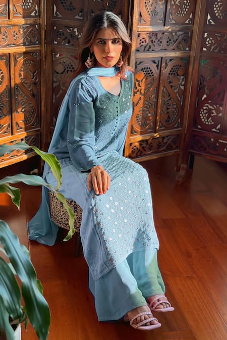 Shop_Label Aishwaryrika_Blue Georgette Sequins, Embroidery Round Neck Chikankari Kurta Set _at_Aza_Fashions