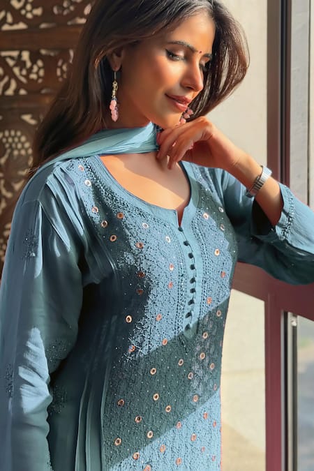 Shop_Label Aishwaryrika_Blue Georgette Sequins, Embroidery Round Neck Chikankari Kurta Set _Online_at_Aza_Fashions