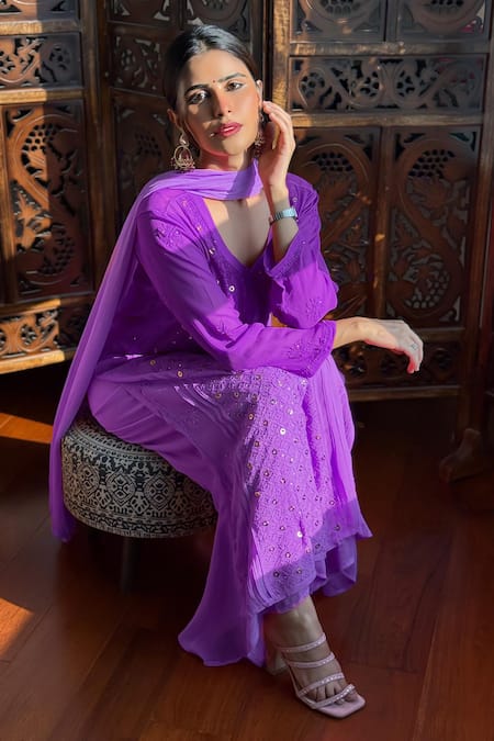 Shop_Label Aishwaryrika_Purple Georgette Embroidery Split V-neck Chikankari Kurta Set _at_Aza_Fashions