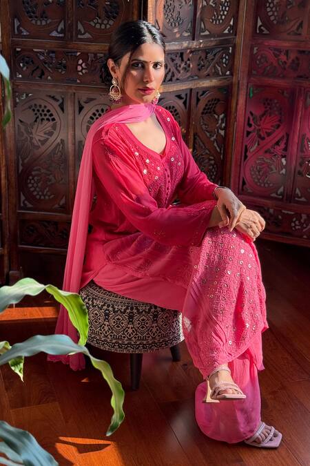 Label Aishwaryrika_Pink Georgette Sequins, Embroidery Round Neck Chikankari Kurta Set _Online_at_Aza_Fashions