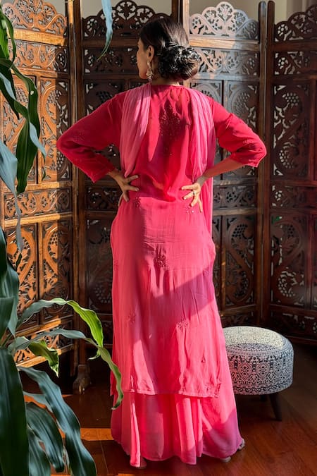 Shop_Label Aishwaryrika_Pink Georgette Sequins, Embroidery Round Neck Chikankari Kurta Set _at_Aza_Fashions