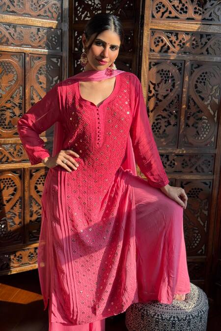 Buy_Label Aishwaryrika_Pink Georgette Sequins, Embroidery Round Neck Chikankari Kurta Set _Online_at_Aza_Fashions
