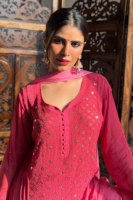 Shop_Label Aishwaryrika_Pink Georgette Sequins, Embroidery Round Neck Chikankari Kurta Set _Online_at_Aza_Fashions