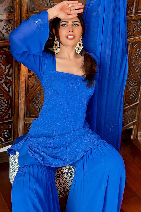 Buy_Label Aishwaryrika_Blue Georgette, Chiffon Embroidery Square Neck Chikankari Kurta Gharara Set _Online_at_Aza_Fashions