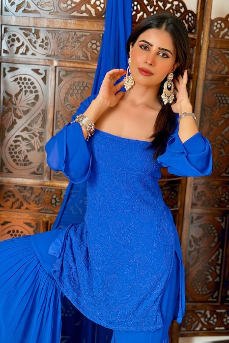Shop_Label Aishwaryrika_Blue Georgette, Chiffon Embroidery Square Neck Chikankari Kurta Gharara Set _Online_at_Aza_Fashions