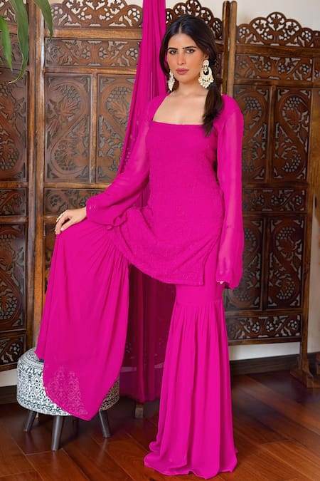 Shop_Label Aishwaryrika_Pink Georgette, Chiffon Embroidery Square Neck Chikankari Kurta Set _at_Aza_Fashions