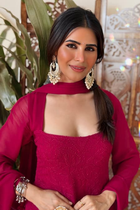 Label Aishwaryrika_Maroon Georgette, Chiffon Embroidery Square Neck Chikankari Kurta Gharara Set _Online_at_Aza_Fashions
