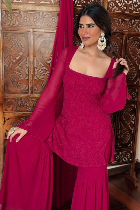 Shop_Label Aishwaryrika_Maroon Georgette, Chiffon Embroidery Square Neck Chikankari Kurta Gharara Set _at_Aza_Fashions