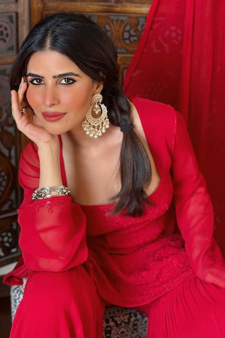 Label Aishwaryrika_Red Georgette, Chiffon Embroidery Square Neck Chikankari Kurta Gharara Set _Online_at_Aza_Fashions