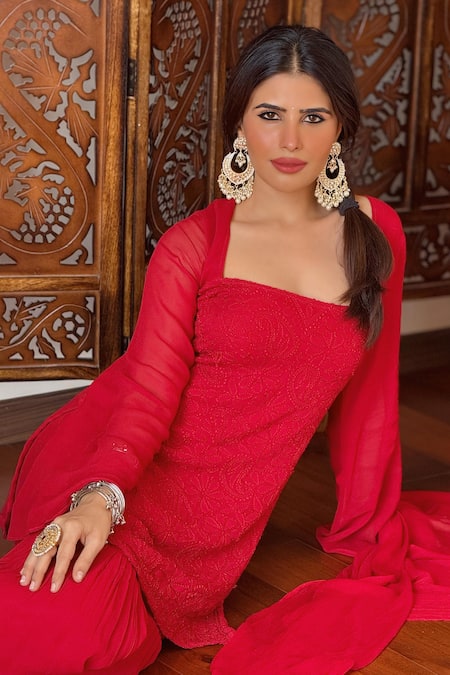 Label Aishwaryrika_Red Georgette, Chiffon Embroidery Square Neck Chikankari Kurta Gharara Set _at_Aza_Fashions