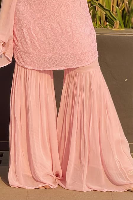 Label Aishwaryrika_Pink Georgette, Chiffon Embroidery Square Neck Chikankari Kurta Gharara Set _Online_at_Aza_Fashions