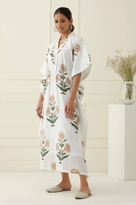 Musal_Ivory Cotton Embroidery V-neck Floral Kaftan _Online_at_Aza_Fashions