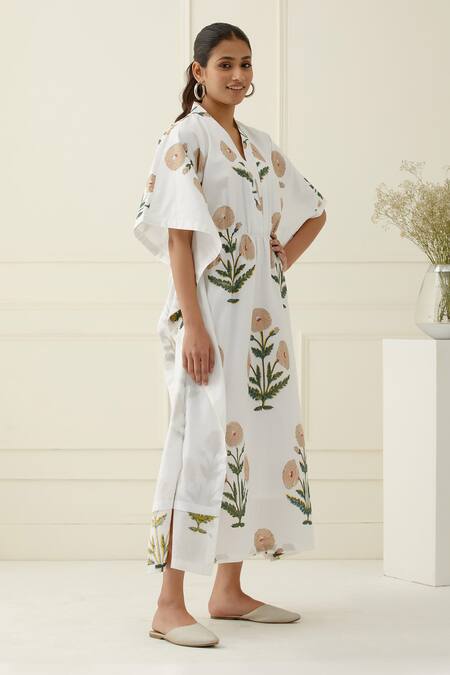 Buy_Musal_Ivory Cotton Embroidery V-neck Floral Kaftan _Online_at_Aza_Fashions