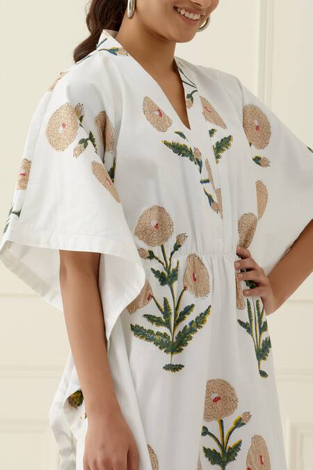 Shop_Musal_Ivory Cotton Embroidery V-neck Floral Kaftan _Online_at_Aza_Fashions