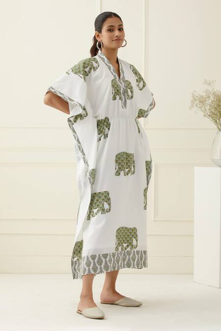 Musal_Ivory Cotton Split V-neck Elephant Print Kaftan_Online_at_Aza_Fashions