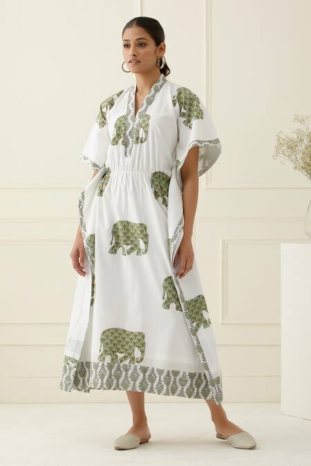 Buy_Musal_Ivory Cotton Split V-neck Elephant Print Kaftan_Online_at_Aza_Fashions