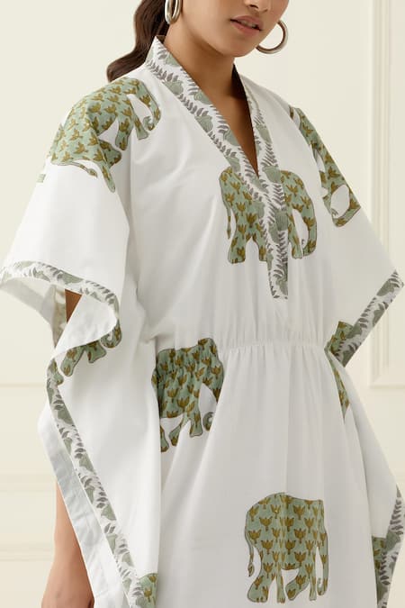 Shop_Musal_Ivory Cotton Split V-neck Elephant Print Kaftan_Online_at_Aza_Fashions