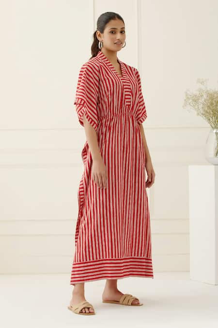 Musal_Red Cotton V-neck Striped Designer Kaftan _Online_at_Aza_Fashions