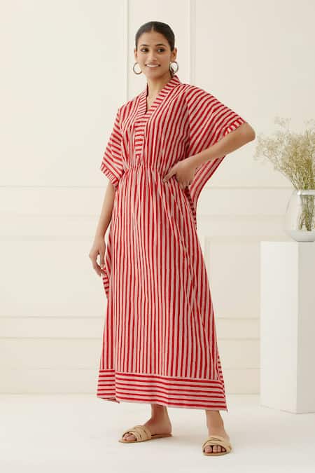 Buy_Musal_Red Cotton V-neck Striped Designer Kaftan _Online_at_Aza_Fashions