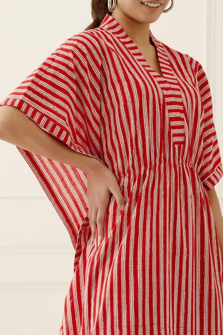 Shop_Musal_Red Cotton V-neck Striped Designer Kaftan _Online_at_Aza_Fashions