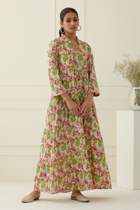 Musal_Multi Color Cotton Keyhole Neck Flamingo Print Maxi Dress _Online_at_Aza_Fashions