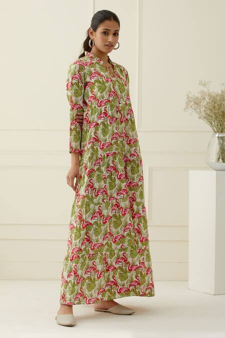 Buy_Musal_Multi Color Cotton Keyhole Neck Flamingo Print Maxi Dress _Online_at_Aza_Fashions