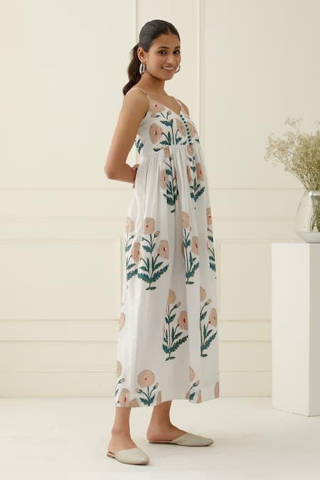 Musal Ivory Cotton Embroidery V-neck Floral Print Maxi Dress Online at Aza Fashions Musal_Ivory Cotton Embroidery V-neck Floral Print Maxi Dress_Online_at_Aza_Fashions