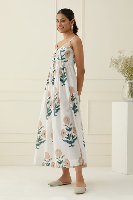 Buy Musal Ivory Cotton Embroidery V-neck Floral Print Maxi Dress Online at Aza Fashions Buy_Musal_Ivory Cotton Embroidery V-neck Floral Print Maxi Dress_Online_at_Aza_Fashions