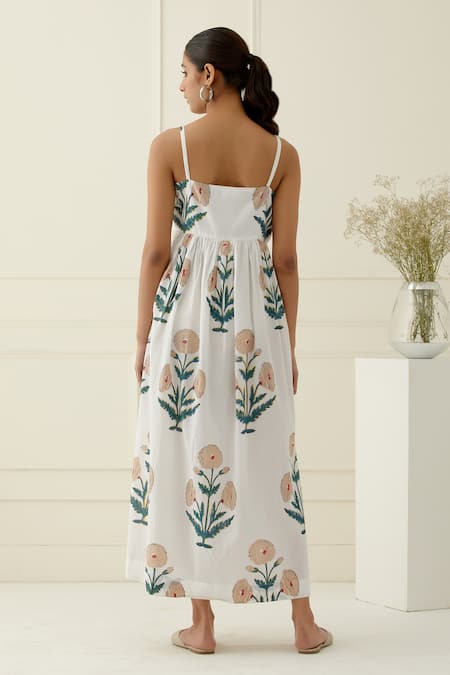 Shop Musal Ivory Cotton Embroidery V-neck Floral Print Maxi Dress at Aza Fashions Shop_Musal_Ivory Cotton Embroidery V-neck Floral Print Maxi Dress_at_Aza_Fashions